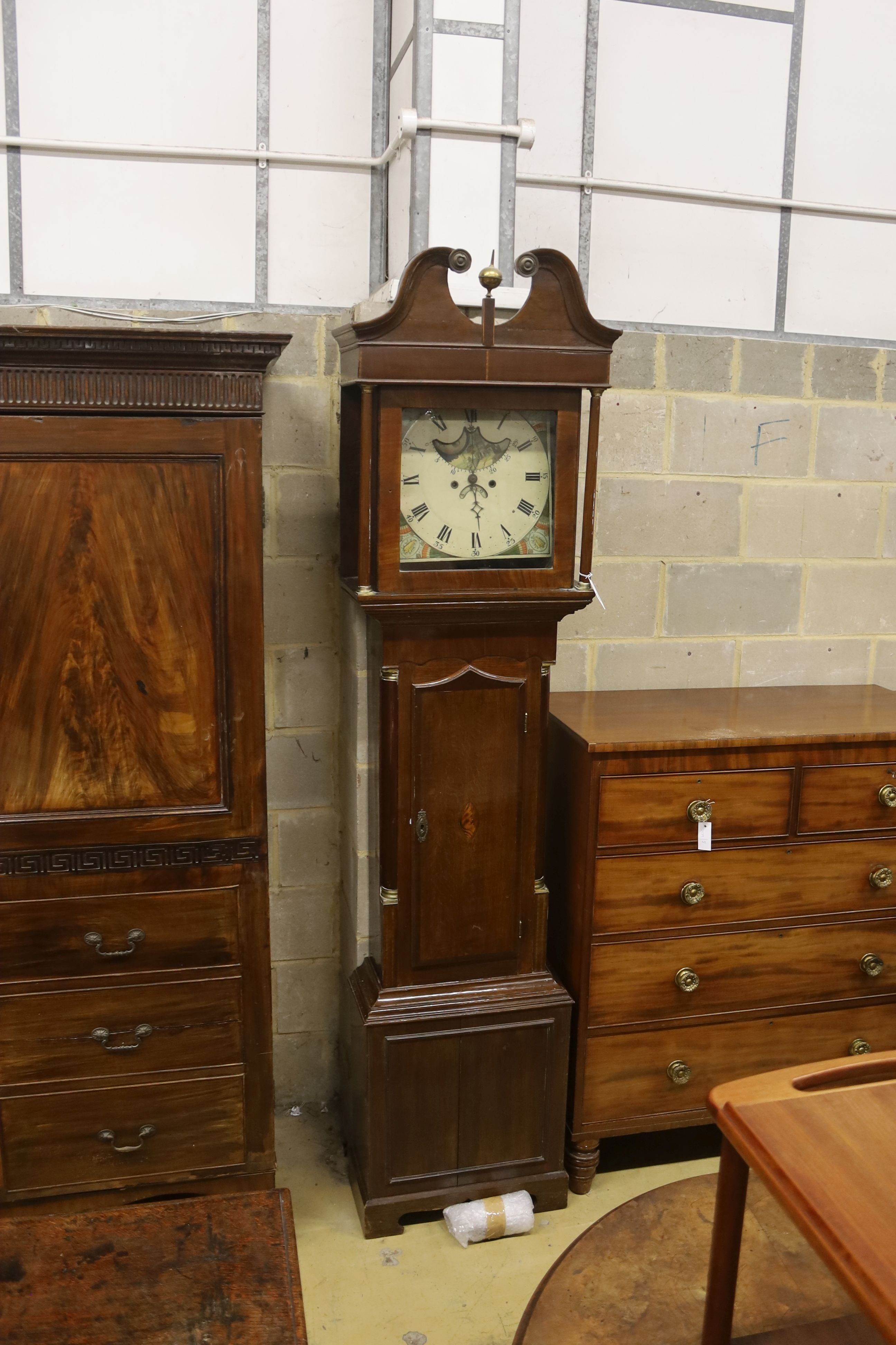 An early 19th century mahogany banded oak cased eight day longcase clock, height 227cm
